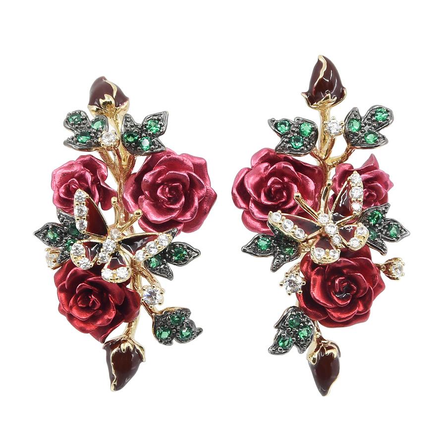薔薇 ブーケ バタフライ ローズレッド ピアス イヤリング 蝶 KA18