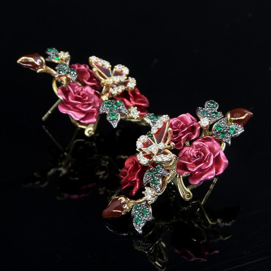 薔薇 ブーケ バタフライ ローズレッド ピアス イヤリング 蝶 KA18