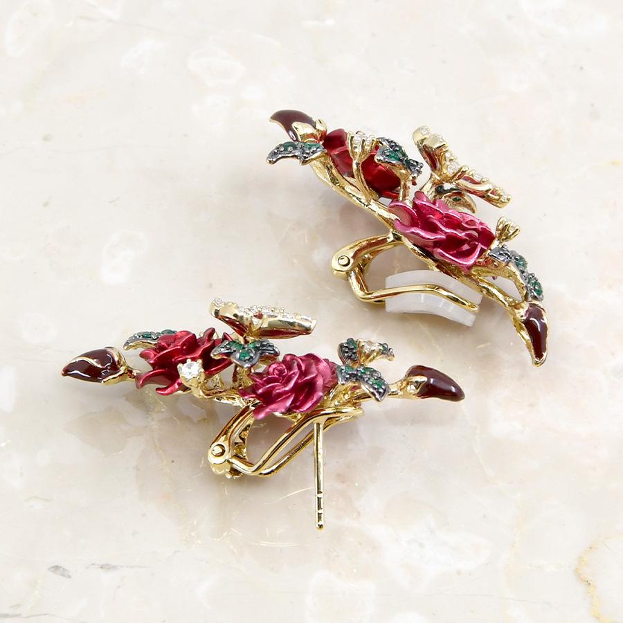 薔薇 ブーケ バタフライ ローズレッド ピアス イヤリング 蝶 KA18
