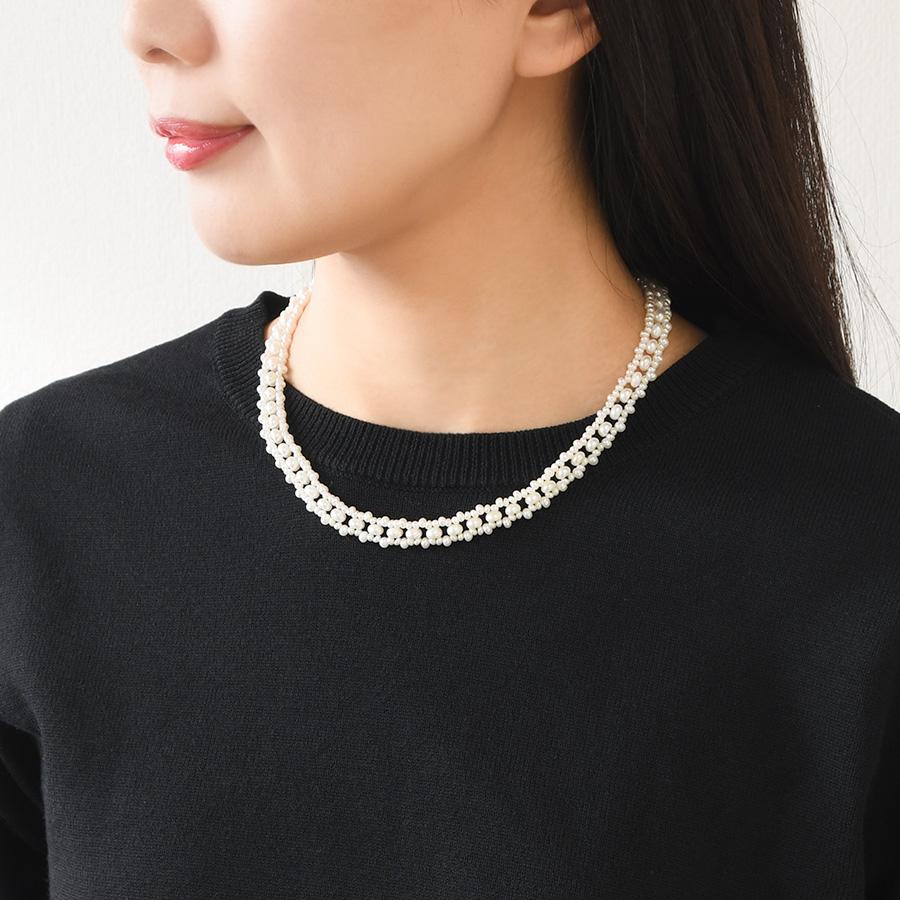 ホワイトパール リボン編み ネックレス 淡水真珠 ベビーパール 母の日