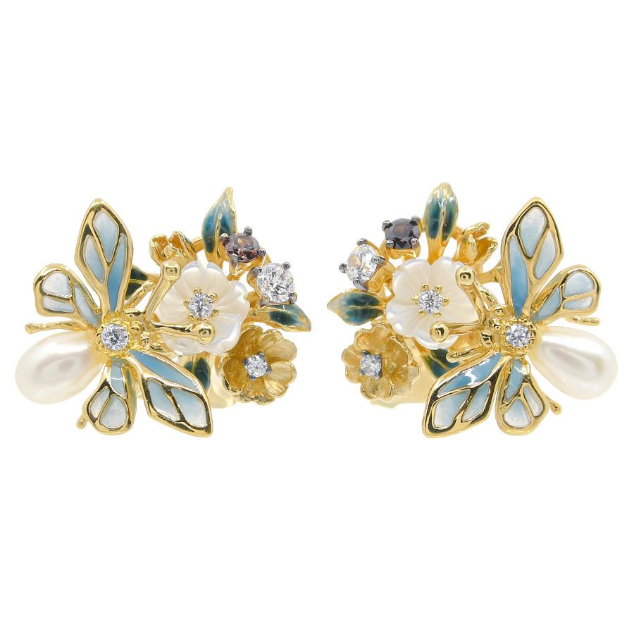 花とハチ ピアス イヤリング ブルー フラワー パール エナメル KA18