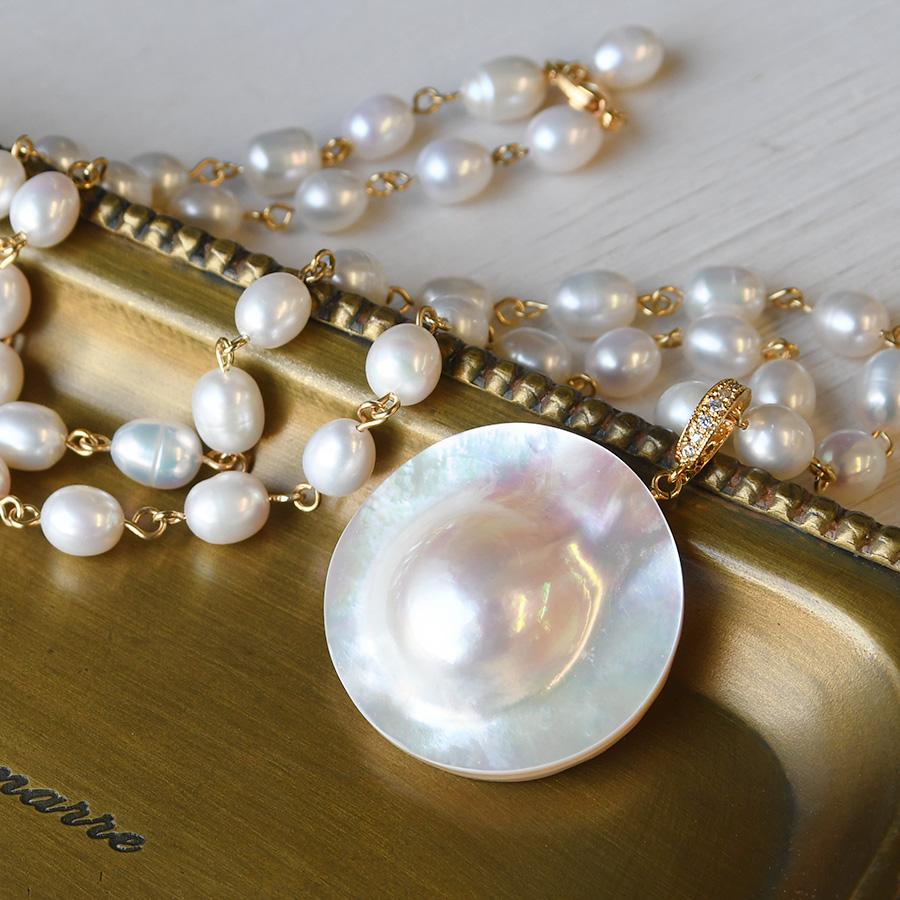 マベ真珠 淡水真珠 コンビネックレス 取り外せるクリッカーペンダント