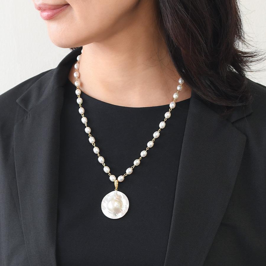 マベ真珠 淡水真珠 コンビネックレス 取り外せるクリッカーペンダント