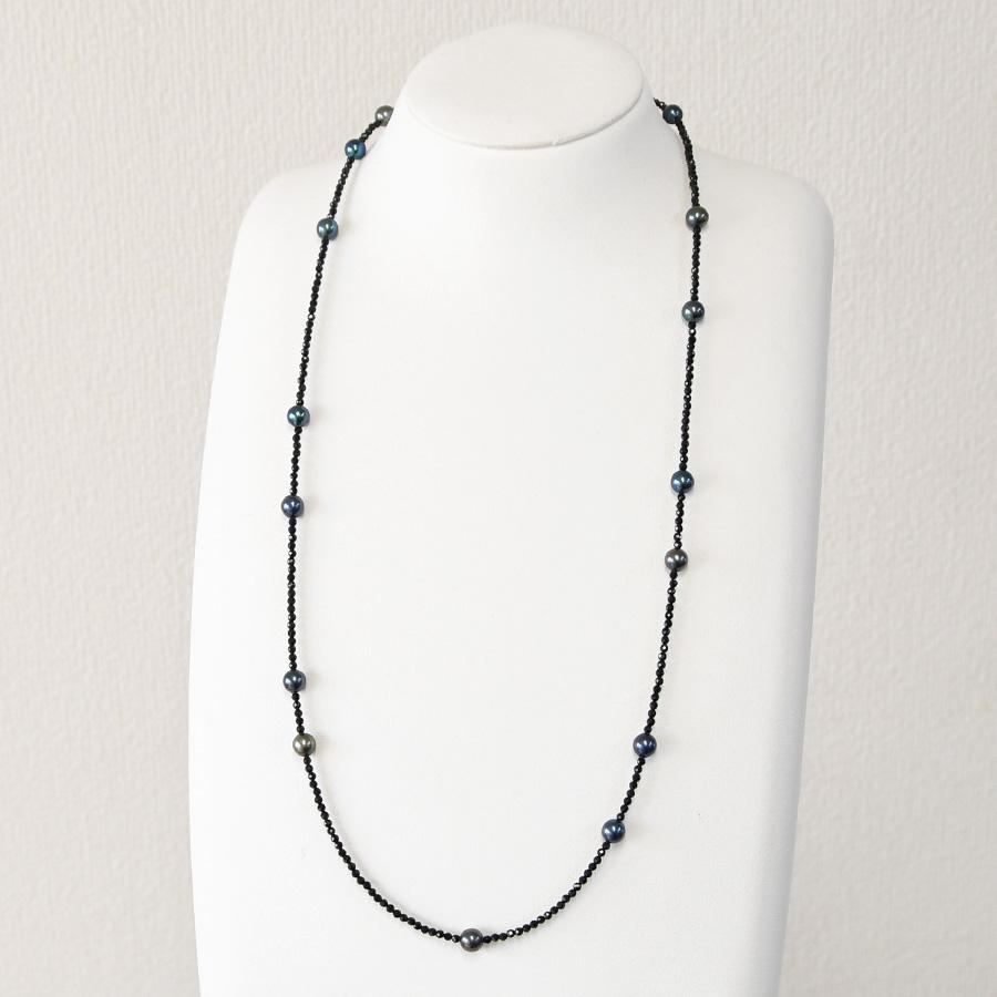 パール、ブラックスピネル、アクアマリンロングネックレス