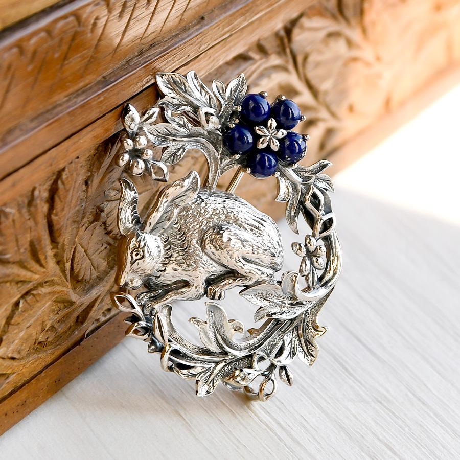 碌山 ウィリアム・モリス ラピスラズリ 兄弟うさぎ ブローチペンダント