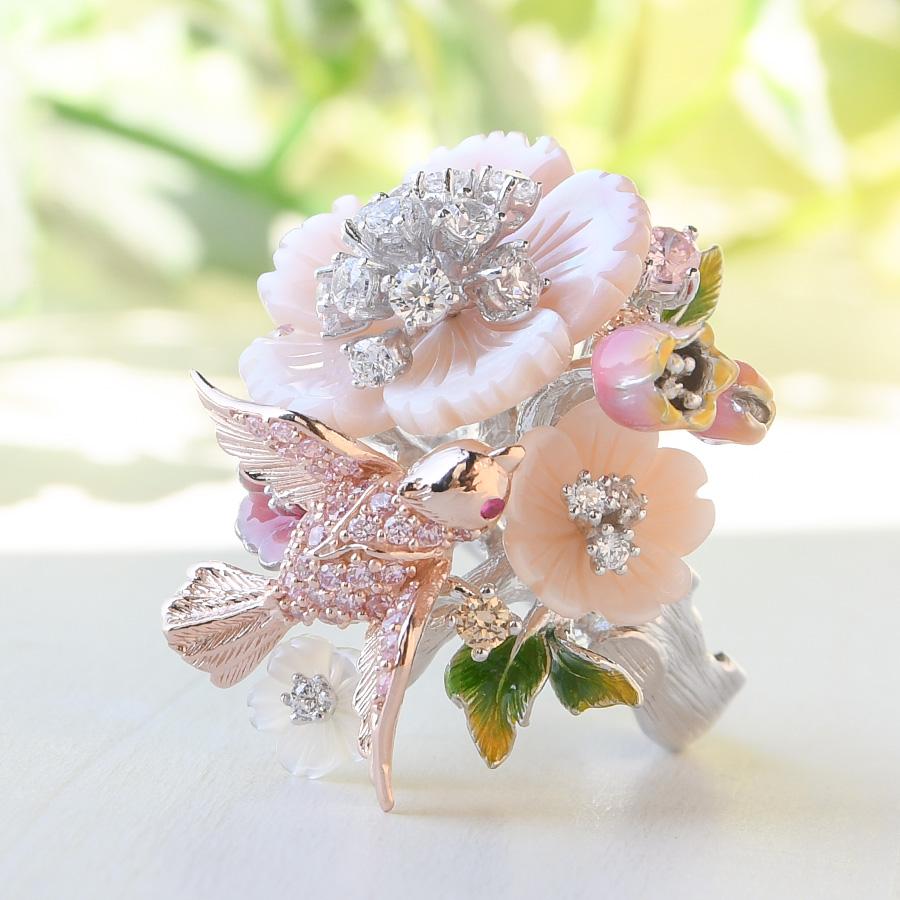 スプリングガーデン ピンクフラワー リング 華やか大ぶり！ 花 小鳥