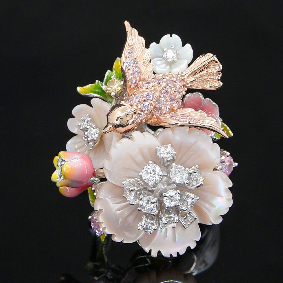スプリングガーデン ピンクフラワー リング 華やか大ぶり！ 花 小鳥