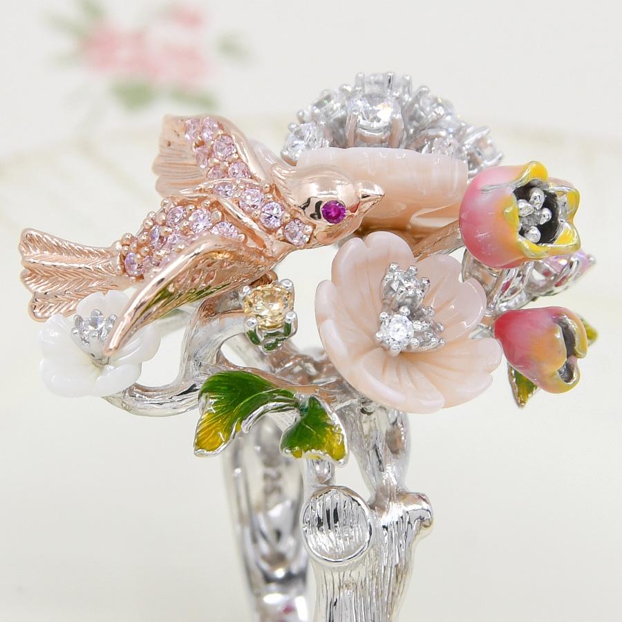 スプリングガーデン ピンクフラワー リング 華やか大ぶり！ 花 小鳥