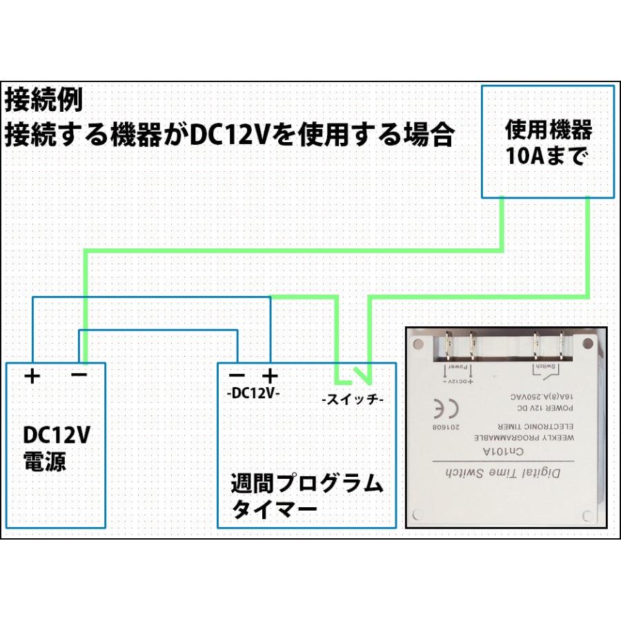 週間デジタルプログラムタイマースイッチ ウィークリータイマー タイマスイッチ タイムスイッチ 小型軽量 DC5V DC12Vで動作OK!!AC100Vの接続も可｜ledg｜04