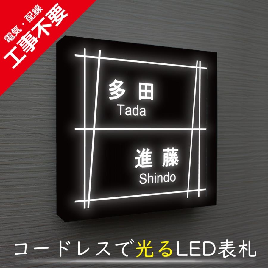 【電気工事不要】ソーラーLED表札［二世帯用］　S01ブラックフレーム「チムニー」　太陽電池を内蔵　コードレスで夜間に光る　日々の電気代0円 | 
