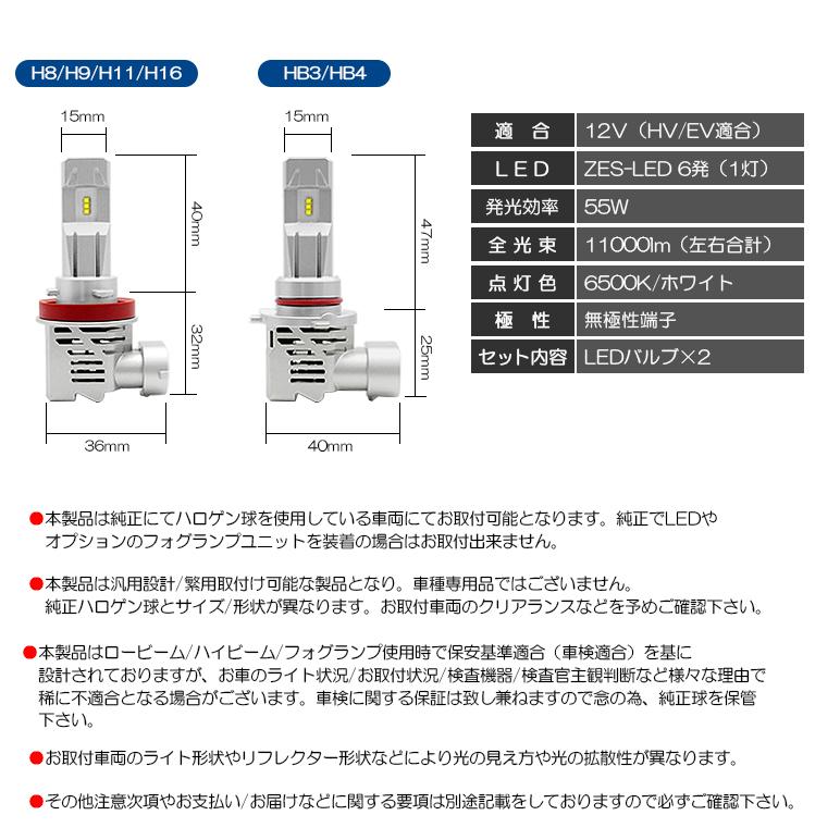 LED フォグランプ H8/H11/H16 55W ZES 11000ルーメン リフレクター拡散