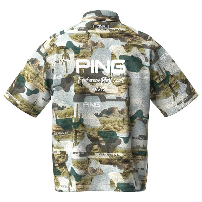 【新品タグ付き】PING ゴルフウェア 総柄 フルジップ 半袖シャツ L PING（ピン） ゴルフ メンズ シアサッカー半袖フルジップシャツ