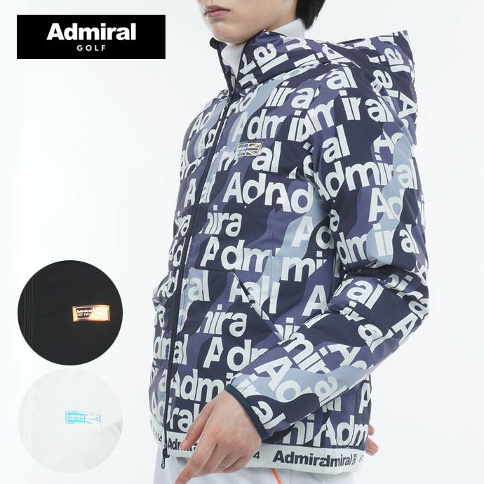 ADMIRAL GOLF ボトムロゴ 軽量パデッド　フーデッドジャケット　総柄 ADMIRAL GOLF ボトムロゴ 軽量パデッド フーデッドジャケット 総柄