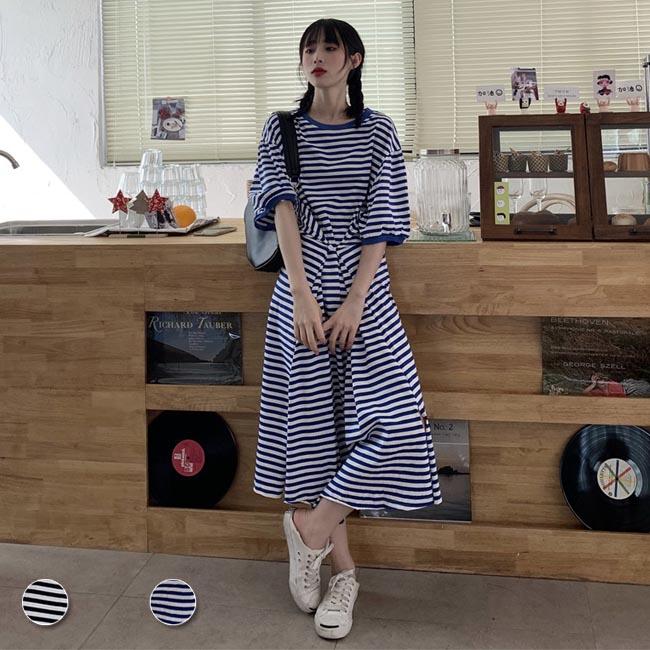 ワンピース 夏 レディース 半袖ワンピース ボーダー柄 ロングワンピ マリンセーラー サマーワンピース 5分丈袖 体型カバー マキシワンピース Bjt6676 Le Futur 通販 Yahoo ショッピング