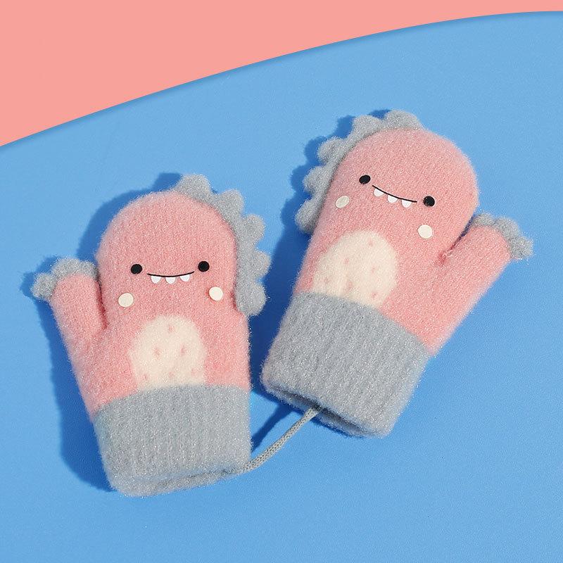 手袋 キッズ 子供 ボア手袋 冬 ニット ダイナソー柄 男の子 恐竜 ジュニア 紐付き 女の子 暖かい 防寒 裏起毛