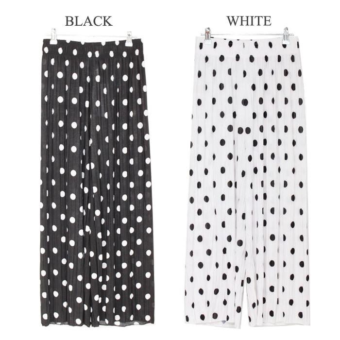 ドット柄弱プリーツワイドパンツ 脚長パンツ 水玉柄 モノトーン  