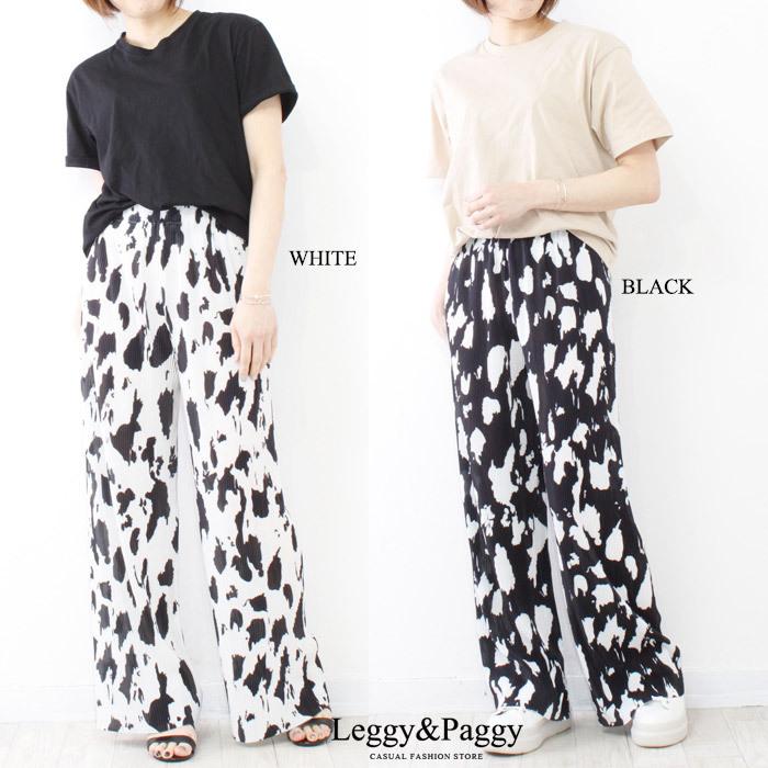 牛柄細プリーツワイドパンツ レディース ボトムス パンツ ウエストゴム