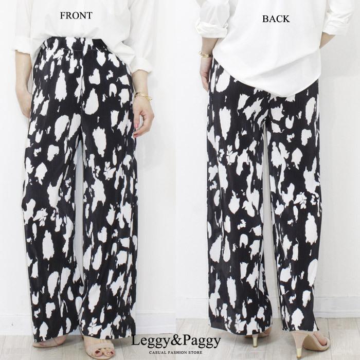 牛柄細プリーツワイドパンツ レディース ボトムス パンツ ウエストゴム