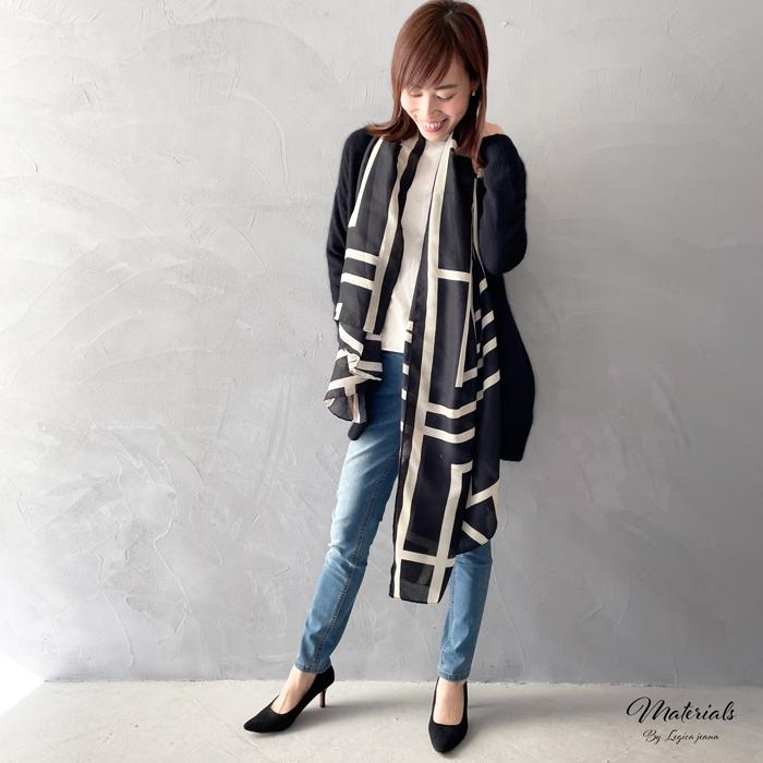 シルク大判ストール ババグーリ | ヨーガンレール静岡店 ヨーガンレール 大判ストール 幾何学柄 フリンジ 薄手 ブラック系 春夏