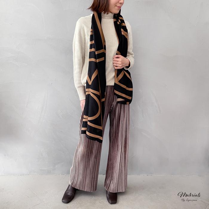 ストール レディース 大判 薄手 モノトーン 幾何学 ブラック 巻き方