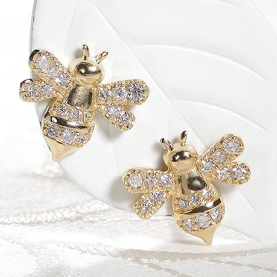K18YG 0.2ct 蜂 ダイヤモンド ピアス 送料無料 18金 K18 18金 イエロー ゴールド ダイヤ レディース ジュエリー 人気 可愛い ギフト プレゼント ハチ ALH-0232の画像