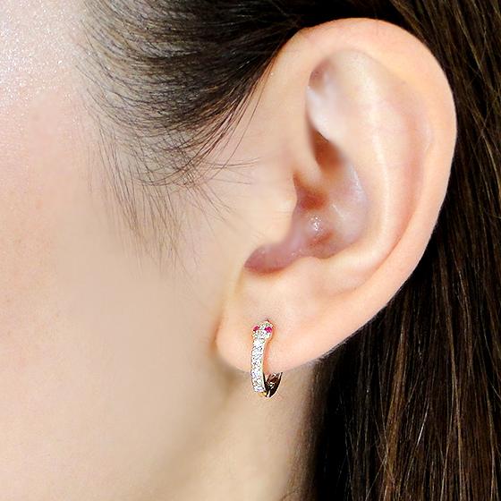 K18YG 0.2ct ダイヤモンド エメラルド or ルビー 蛇 フープ ピアス 送料無料 18金 K18 18金 イエロー ゴールド ダイヤ レディース ジュエリー 人気 ALH-0234の画像