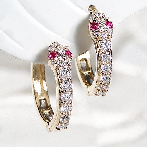 K18YG 0.2ct ダイヤモンド エメラルド or ルビー 蛇 フープ ピアス 送料無料 18金 K18 18金 イエロー ゴールド ダイヤ レディース ジュエリー 人気 ALH-0234の画像