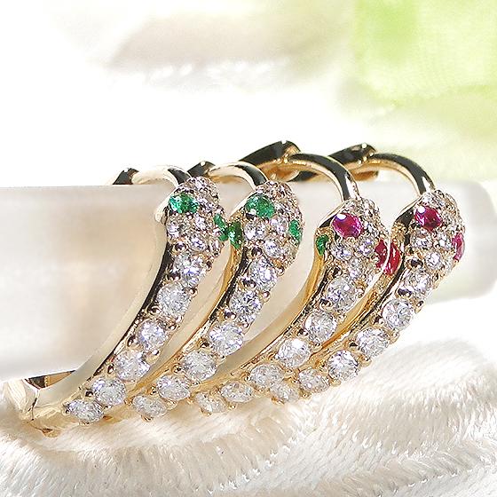 K18YG 0.2ct ダイヤモンド エメラルド or ルビー 蛇 フープ ピアス 送料無料 18金 K18 18金 イエロー ゴールド ダイヤ レディース ジュエリー 人気 ALH-0234の画像