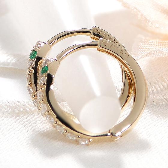 K18YG 0.2ct ダイヤモンド エメラルド or ルビー 蛇 フープ ピアス 送料無料 18金 K18 18金 イエロー ゴールド ダイヤ レディース ジュエリー 人気 ALH-0234の画像