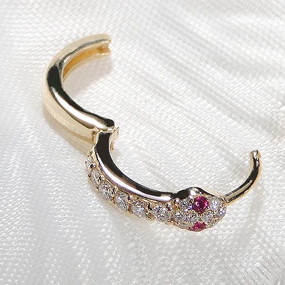 K18YG 0.2ct ダイヤモンド エメラルド or ルビー 蛇 フープ ピアス 送料無料 18金 K18 18金 イエロー ゴールド ダイヤ レディース ジュエリー 人気 ALH-0234の画像