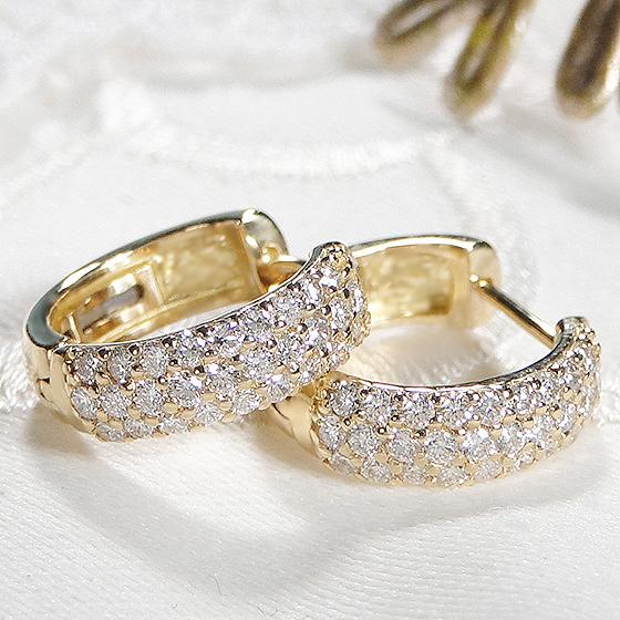 K18YG ダイヤモンド パヴェ 0.5ct 中折れ フープ ピアス 送料無料 K18 18金 ゴールド 簡単装着 キャッチレス プレゼント 定番 0.5カラット パヴェ pave ALH-0242の画像