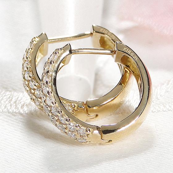 K18YG ダイヤモンド パヴェ 0.5ct 中折れ フープ ピアス 送料無料 K18 18金 ゴールド 簡単装着 キャッチレス プレゼント 定番 0.5カラット パヴェ pave ALH-0242の画像