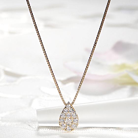 K18YG ペアシェイプモチーフ ダイヤモンド ネックレス 0.20ct 送料無料 K18 18金 ゴールド 人気 ネックレス ダイヤ ドロップ 雫 つゆ型 パヴェ pave ALH-0367の画像