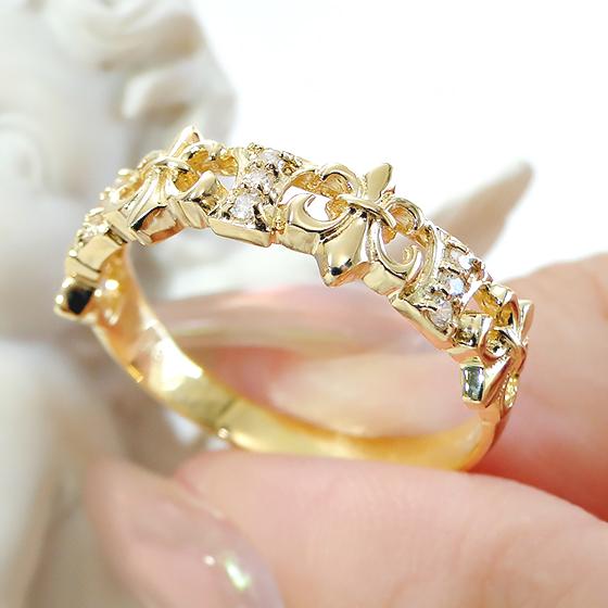 K18YG  0.07ct ダイヤモンド メンズ ピンキー リング 送料無料 指輪 18金 18K イエローゴールド 百合の紋章 人気 ダイヤ ダイア ジュエリー ペア ALH-0370の画像