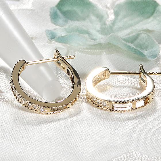 K18YG 0.2ct ダイヤモンド エタニティ フープ ピアス 送料無料 18金 イエローゴールド プレゼント 上品 0.2ラット ミルグレイン ミル打ち 人気 ALH-0384の画像