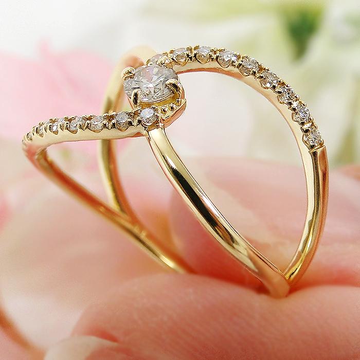 K18YG ダイヤモンド リング 0.30ct 送料無料 18金 K18 ゴールド ジュエリー イエローゴールド ダイヤ オシャレ 幅広 クロス 透け感 交差 指輪 大きめ ALH-0480の画像
