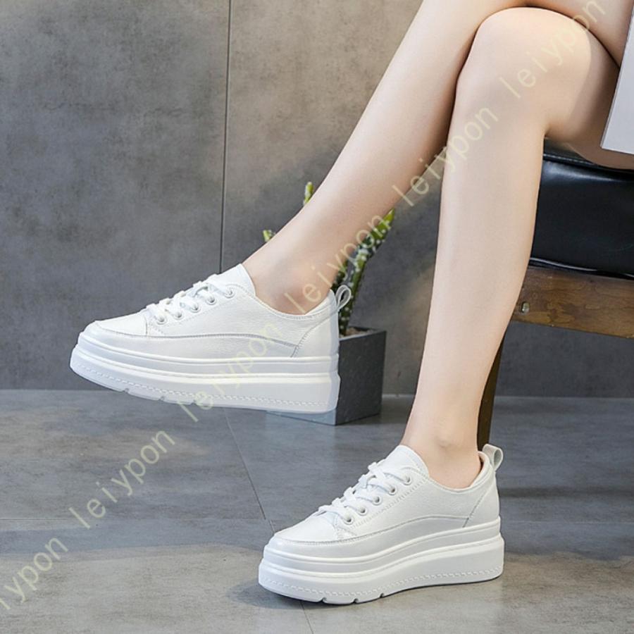 【✩】汎用性の高い厚底の白い靴、カジュアルウェア 本革 スニーカー レディース ウォーキングシューズ 厚底