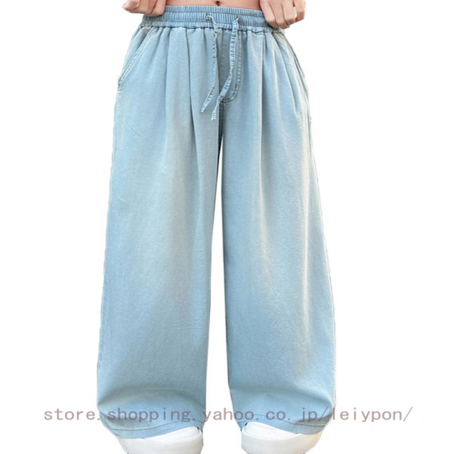 デニムパンツ 女の子 ワイドパンツ キッズ 薄手 涼しい ジュニア 夏 ゆったり ロング丈 子供服 薄手 ボトムス ゴムウエスト カジュアル 通園 通学 普段着 | 