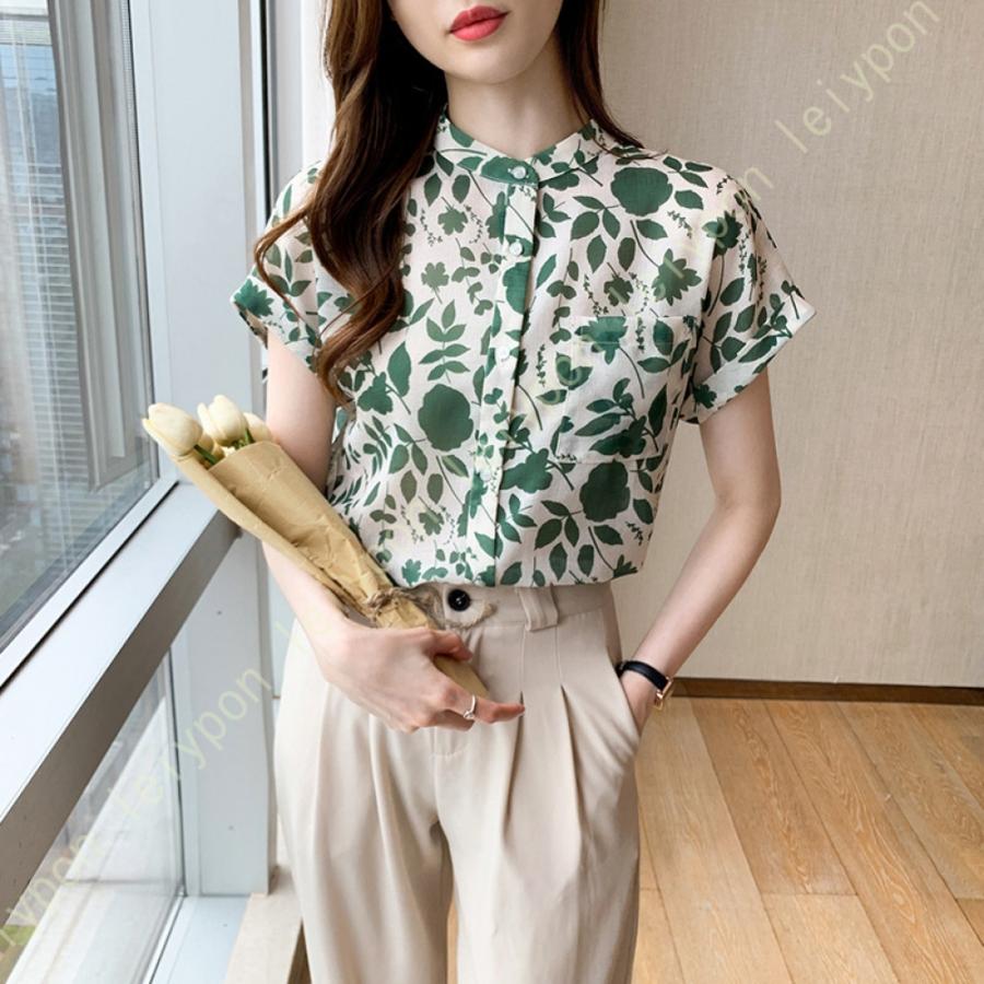 ハイネックブラウス 立ち襟 半袖 オフィス きれいめ 上品 スーツインナー シフォン さらさら 白 緑 ホワイト 花柄 シンプル ベーシック かわいい 夏 接触冷感