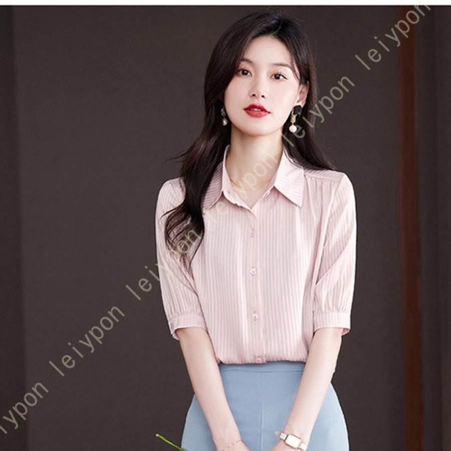 ブラウス タック シフォン Vネック レディース 半袖 夏 シャツ トップス おしゃれ フェミニン きれいめ おしゃれ かわいい 大きめ 無地 5分袖 カジュアル
