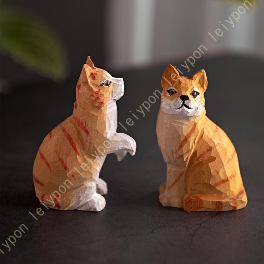 猫置物可愛い 猫の木製置物 木彫りの置物 ミニチュア シカ 置き物 猫 
