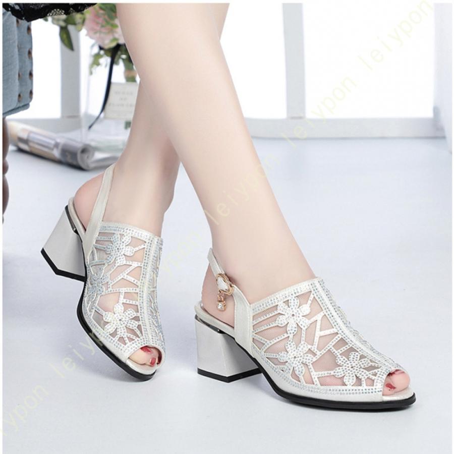 ストライプ サンダル レディース 春夏 履きやすい チャンキーヒール キラキラ 6cmヒール ラインストーン 美脚 ミドルヒール シューズ つっかけ