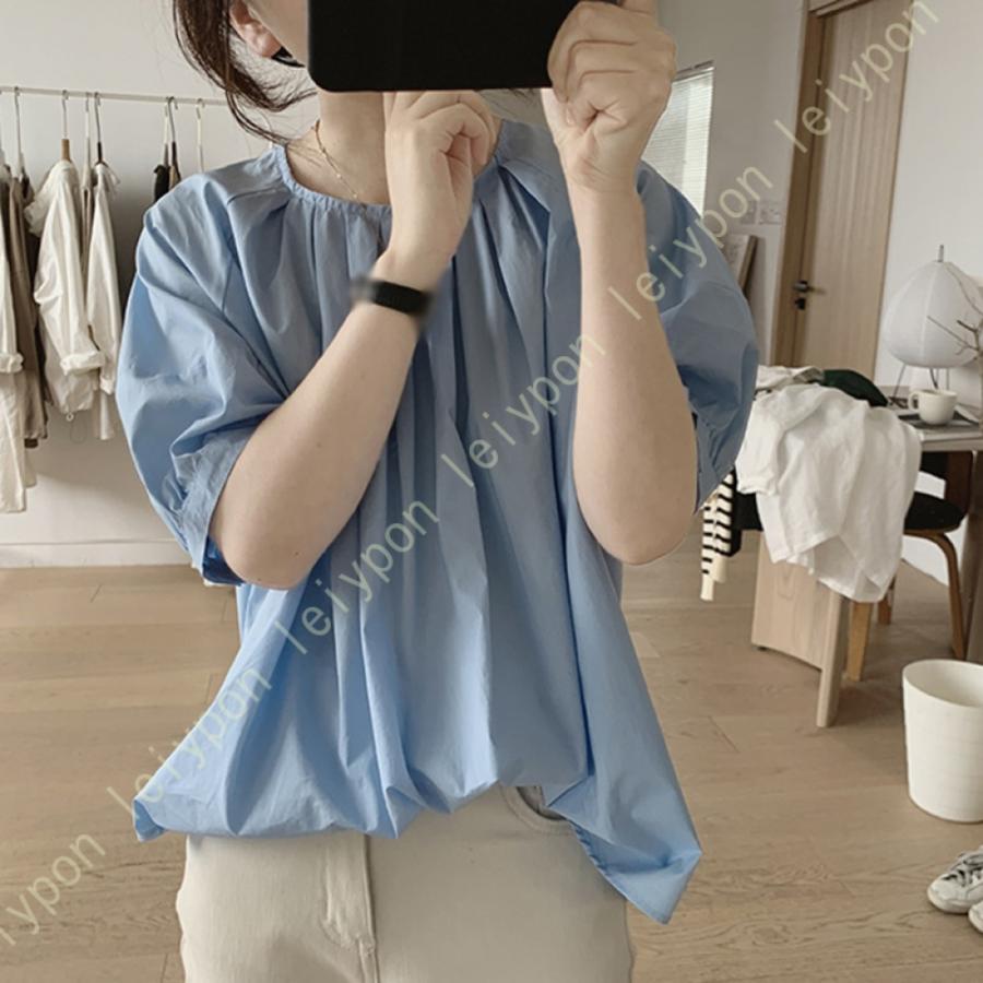 ブラウス 半袖 ゆったり カットソー トップス カット ラッフルシャツ シャツ ぶらうす 体型カバー レディース ワンサイズ ブラック ホワイト ブルー ブラウス