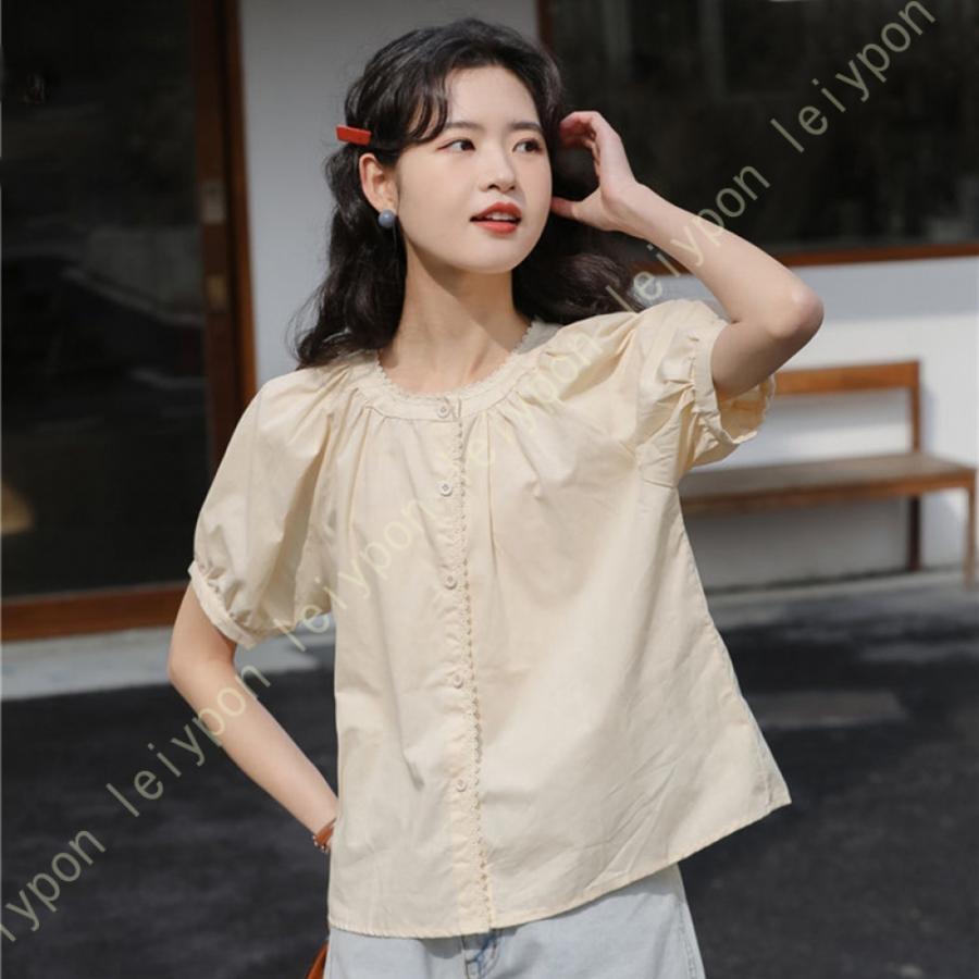アプリコット ラグラン トップス レディース ギャザー パフスリーブ 半袖 春夏 ボタン 可愛い 韓国 M〜XL クルーネック シャツ レディース おしゃれ 5分袖