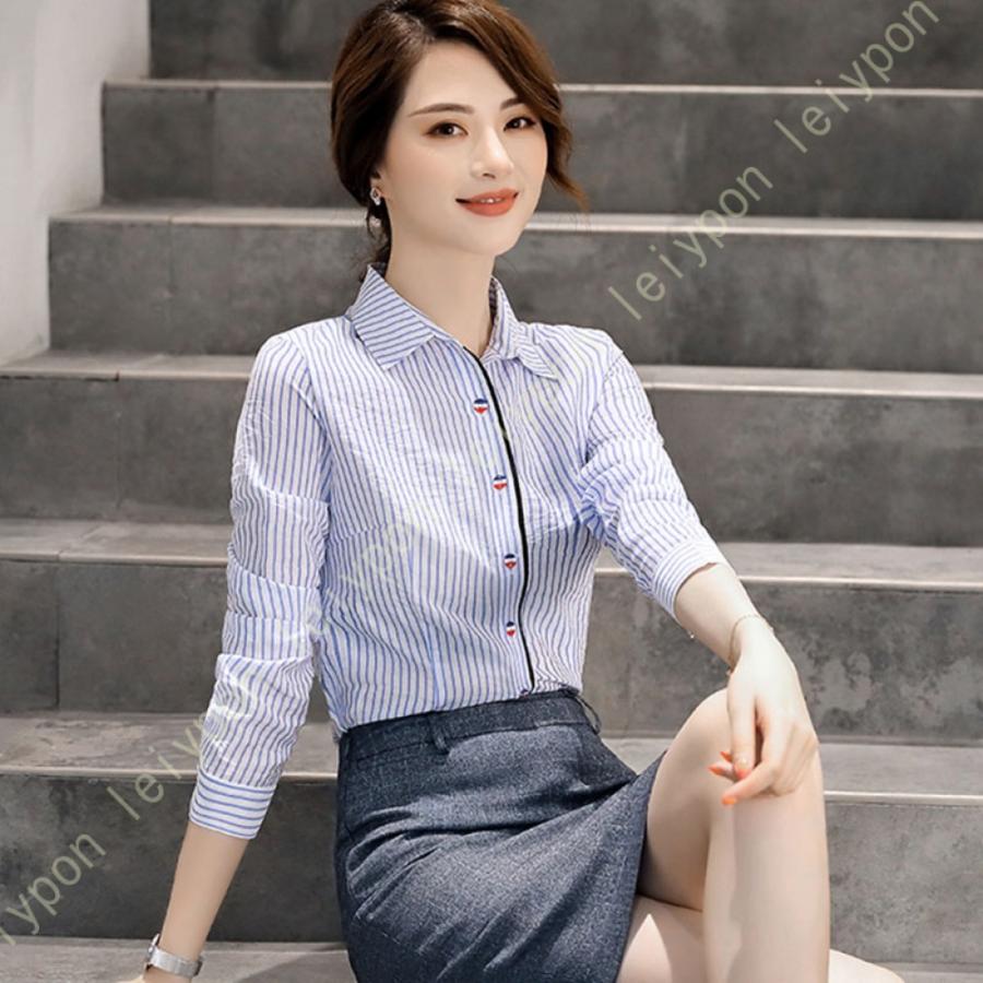 レディース シャツ ブラウス オフィス 開襟 ワイシャツ 長袖 九分袖 ストライプ ビジネス 事務服 カッターシャツ おしゃれ yシャツ 形態安定 大きいサイズ 白