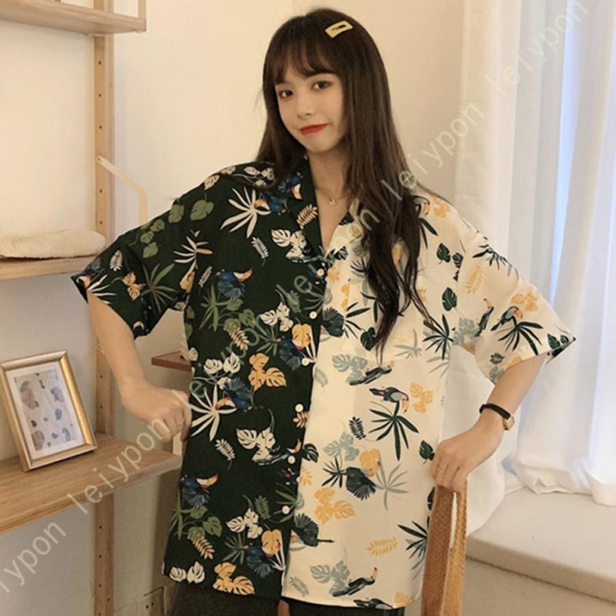 レディース 七分袖 花柄シャツ アロハシャツ ヒップホップ 和柄シャツ 半袖 リゾート プリントシャツ 個性 スプライス レトロ ビッグシャツ ファッション