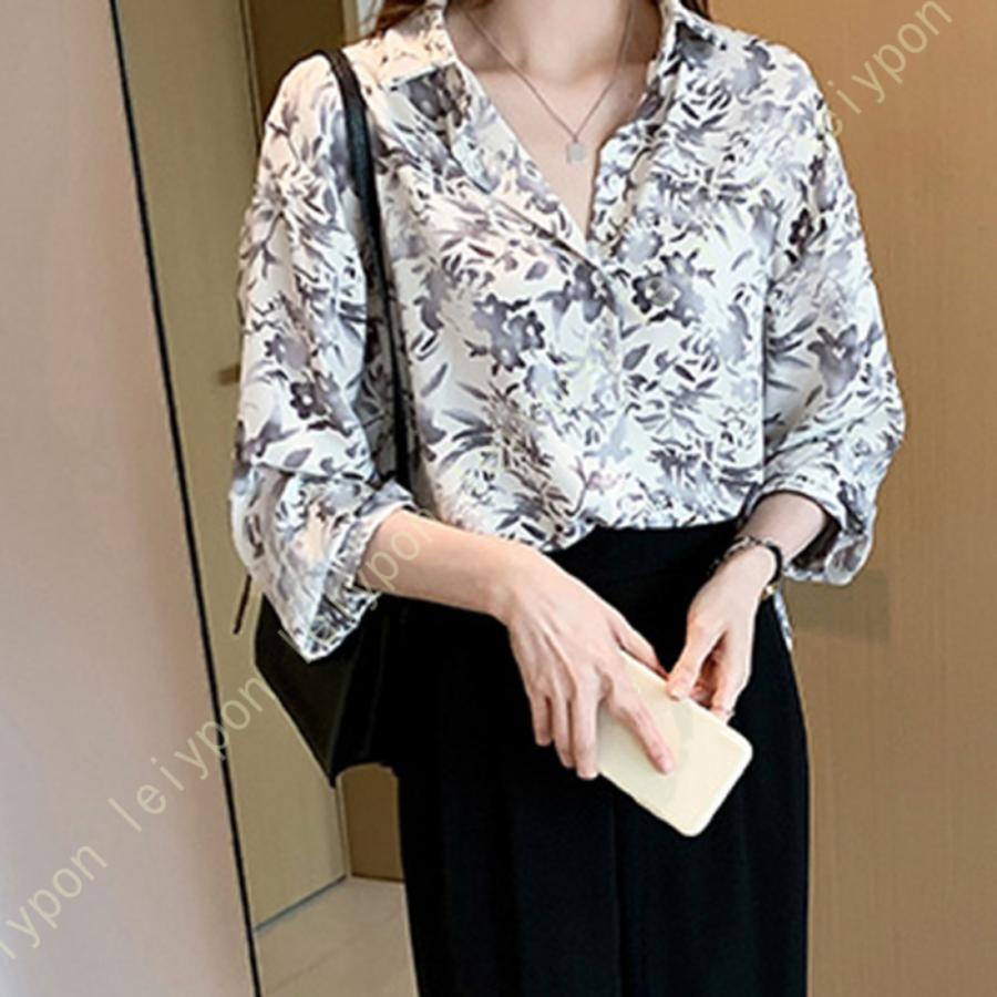 レディース 長袖 シャツ 花柄 快適 シャツ 日常 シャツ ブラウス レディース ハワイシャツ 夏 トップス シャツ スタンドカラー 九分袖 ビジネスワイシャツ