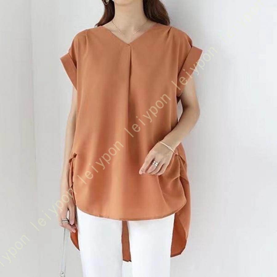 ブラウス 半袖 レディース tシャツ vネック オフィス 夏 ゆったり シフォン 無地 おしゃれ 大きいサイズ シャツ レディース ロング シャツ レディース 襟なし