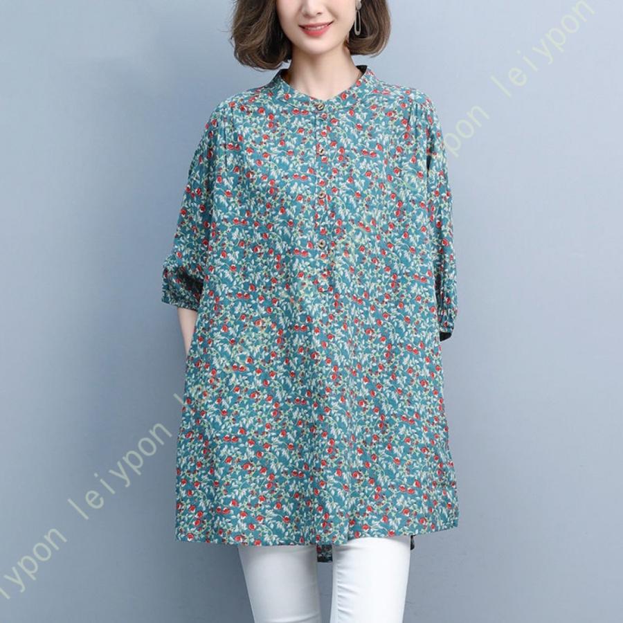 シャツ レディース 綿麻混 プルオーバー ブラウス トップス ロングシャツ シャツワンピース 30代 40代 50代 チュニック 春 夏 ゆったり 花柄 半袖 可愛い