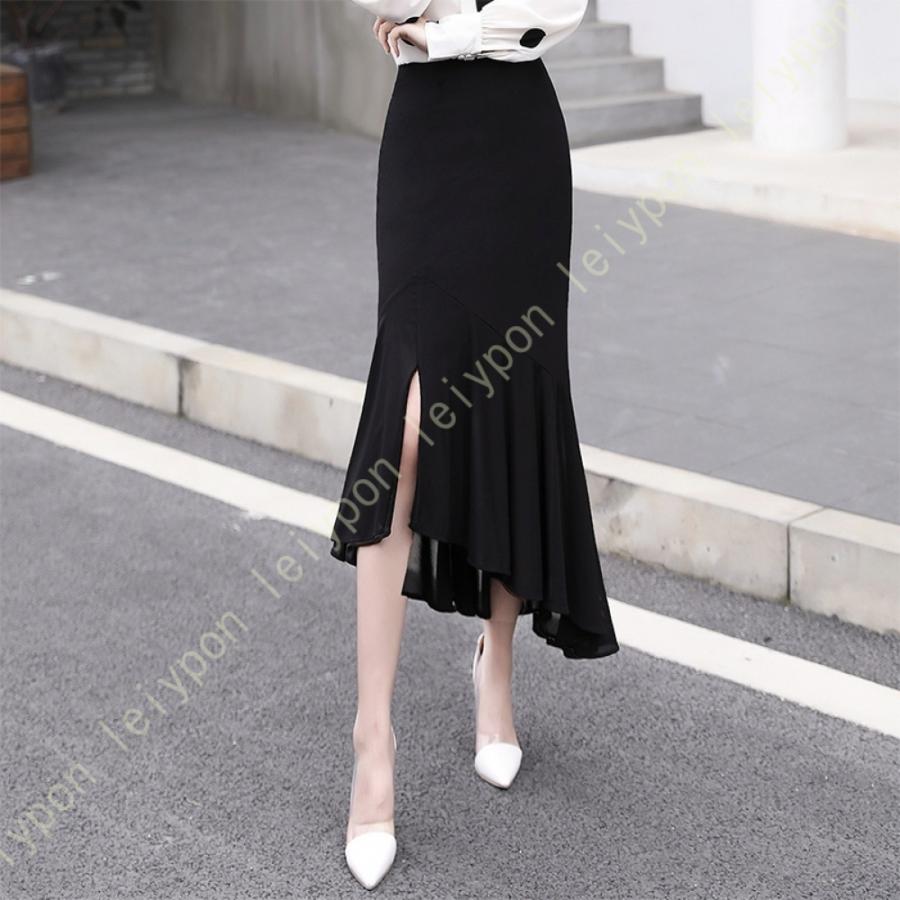 ビジネス オフィスコーデにも 無地 可愛いフィッシュテールスカート スカート フィッシュテール フレアスカート フォーマル 黒 オフィス ひざ丈 スカート